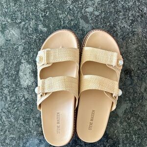 Steve Madden Neutral Beige Pearl-Trim Slide Sandals